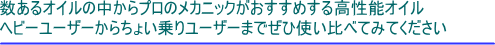 数あるオイルの中からプロのメカニックがおすすめする高性能オイル。ヘビーユーザーからちょい乗りユーザーまで是非使い比べてみてください。